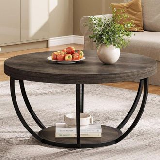 Tribesigns Round Coffee Table, 31.7 Wooden 2-Tier Circle Coffee Table with Storage Shelves, Modern Accent Cocktail Table Center Table for Living Room, Grey