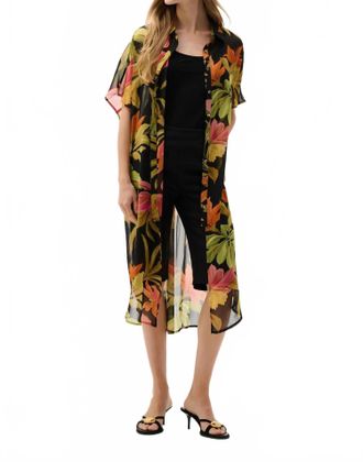Joseph Ribkoff Printed Chiffon Longline Blouse In Black/multi