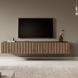 Selsey Selsey - Telire - Mueble De Tv Colgante - Negro Con Frente De Listones De Roble Artisan - 175 Cm
