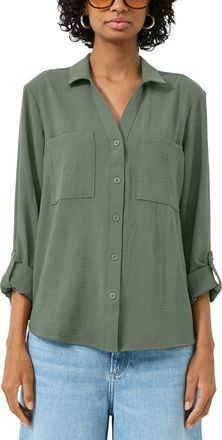 QS by s.Oliver Langarmbluse QS, Damen, Gr. 32, olive, Web, Obermaterial: 100% Polyester, unifarben, tailliert h&uuml;ftbedeckend, V-Ausschnitt, mit Knopf krempelbar,mit K