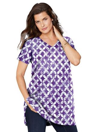 Roaman's Plus Size Ultimate Cotton V-Neck Short Sleeve Tunic in Purple at Nordstrom, Size Large