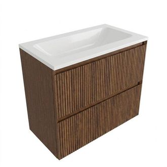 Saniclass Holz Atelier Badkamermeubelset - 80x45x77.5cm - Torino solid surface wastafel wit - zonder kraangat - 2 lades - mat walnut pure (hout)