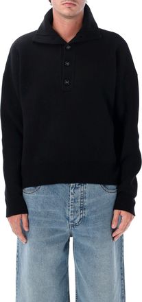 Ami Interlock Knit Sweater with High Buttoned Neck and Discreet Patch