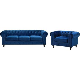 Beliani Conjunto De Sof&aacute;s Chesterfield Tapizado En Terciopelo Azul Cobalto Patas De Madera Oscura Sof&aacute; 3 Plazas + Sill&oacute;n Estilo Cl&aacute;sico Chesterfield