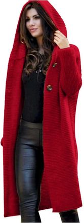Generic 2026 Women Solid Buttoned Sweater Hooded Cardigan Long Office Mock Neck Wool Loose Fit Commute Ladies Oversized Roll Jumper Cosy Thick (10) Red