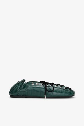 Ganni Green Lace-Up Ballerinas in Croco