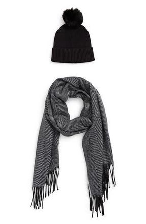 Vince Camuto Chevron Wrap Scarf & Faux Fur Pompom Beanie Set in Black at Nordstrom Rack