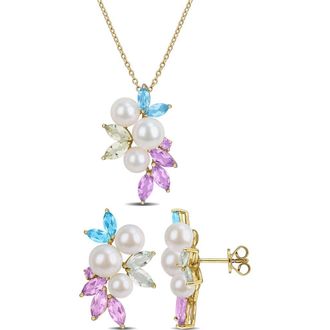Delmar 7.5-8mm Cultured Freshwater Pearl & Gemstone Cluster Earrings & Necklace Set in Gold Multi at Nordstrom Rack