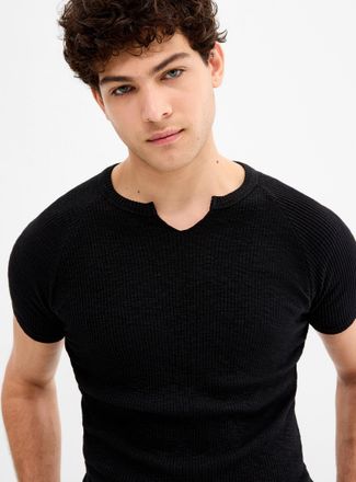 Le 31 Mens Ribbed jersey slit-neck T-shirt Imported from Seoul
