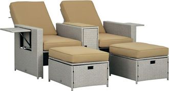 OUTSUNNY Recliner Rattan Sun Lounger w/ Storage Tea Table & Footstools Beige