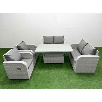 Fimous 6 Seater Outdoor Reclining Chair Love Sofa Set Rattan Garden Furniture Set with Adjustable Lifting Dining or Coffee Table 2 Side Tables Light Grey