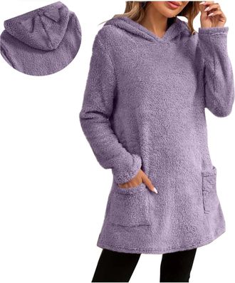 Generic Purple Womens Plush Hoodie - Teddy Fleece, Pullover Sweatshirt, Cat Ears, with Pockets, Long Sleeve, Soft, Winter Warm, Casual, Ladies Hooded Thermal 