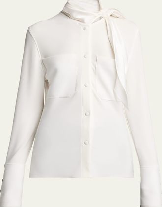 Courr&egrave;ges Satin Scarf Collar Long Sleeve Blouse