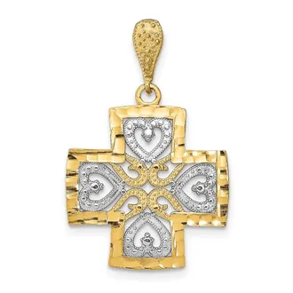 Diamond2Deal 14k Yellow Gold Rhodium Diamond-Cut Heart Cross Charm