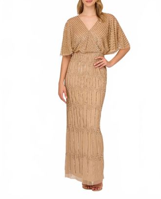 Adrianna Papell V-Neck Floor-Length Sequin Formal Sheath Evening Dress In Champagne Gold