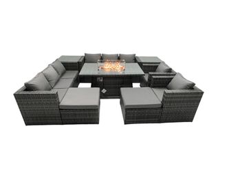 Fimous Rattan Garden Furniture Firepit Dining Set 10 Seater Lounge Sofa Table Set with 2 side table 2 big Footstool in Dark Grey