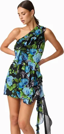 Elliatt Briony One Shoulder Mini Dress In Black Floral Multi