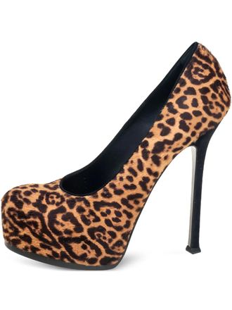 Saint Laurent Tribtoo platform leopard pumps - women - Jute/Pony Fur/Calf Leather - 41 - Brown