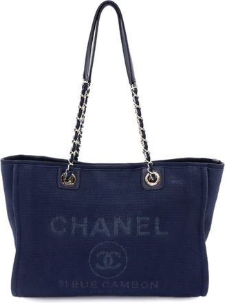 Chanel Navy Canvas Leather Handbag Tote Bag (Pre-Owned)