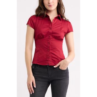 BP. Ruched Empire Waist Button Shirt in Red Cinder at Nordstrom, Size Xx-Small