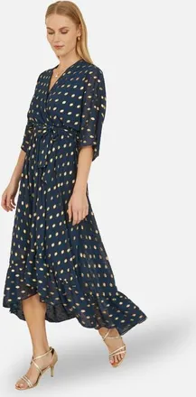 Yumi Foil Print Wrap Over Dress in Navy at Nordstrom, Size 12