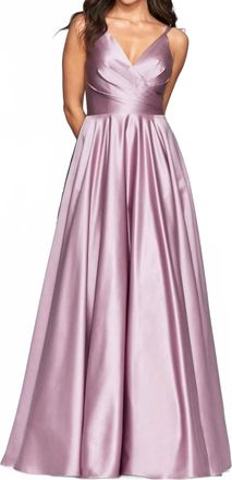 Faviana V-Neck Pleated Satin Gown In Deep Mauve