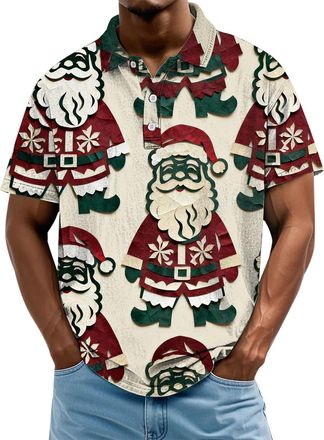 Generic Mens Christmas Polo Shirts Funny Snowman Santa Print Short Sleeve Casual Golf Tshirt Xmas Hawaiian Shirt Holiday Tee Tops, Beige, XXL