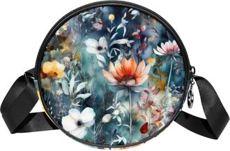 Generic Circle Crossbody Bag for Women, Floral Flowers Small Sling Bag Daypack with Zipper Adjustable Shoulder Straps Casual Ladies Girls Round Purse