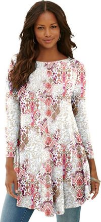 Roaman's Plus Size Boatneck Swing Ultra Drape Tunic Top in White Animal Ikat at Nordstrom, Size 32