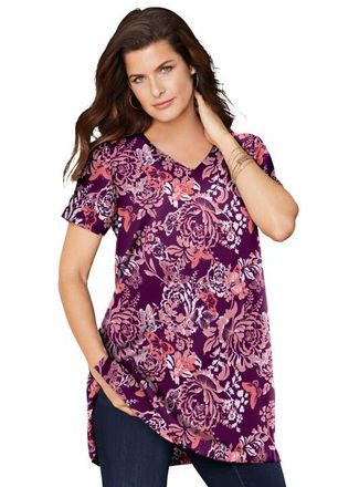 Roaman's Plus Size Ultimate Cotton V-Neck Short Sleeve Tunic in Dark Berry at Nordstrom, Size Medium