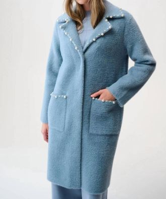 Joseph Ribkoff Pearl Trim Long Sleeves Feather Yarn Coat In Chambray