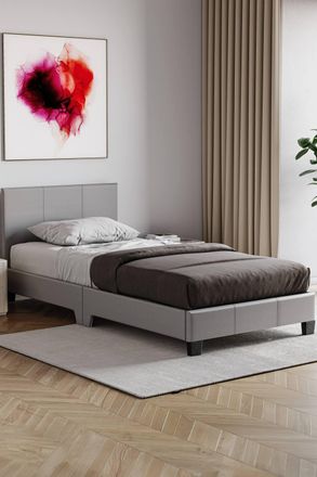 Home Discount Vida Designs Lisbon Faux Leather Bed Frame UKFR Fabric with Mattress in Grey | Size: Single