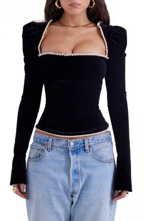 House of CB Noa Puff Shoulder Velvet Top in Black at Nordstrom, Size X-Small A