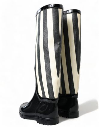 Dolce & Gabbana Womens Black Rubber Knee High Flat Boots Shoes And White