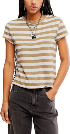 Free People Nora Stripe Linen & Cotton T-Shirt in Mocha Combo at Nordstrom, Size X-Small