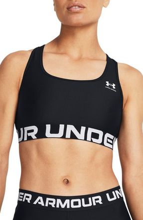 Under Armour HeatGear Mid Racerback Logo Jacquard Sports Bra in Black //White at Nordstrom, Size X-Large