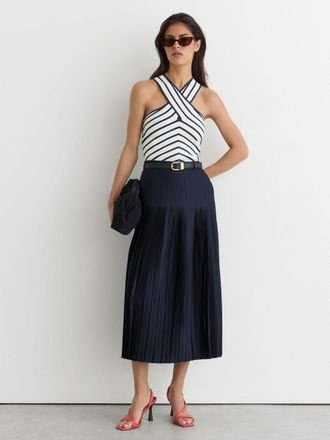 Reiss Navy Satin Pleated Midi Skirt, 16