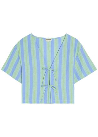 Staud Ava Striped Tie-front Linen Blouse - Light Blue - XL (UK16 / XL)