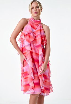Roman Abstract Halter Neck Ruffle Dress