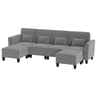 Costway Costway Sectional Sofa with 2 Ottomans 4 Seat Sofa Set with Double Chaise in Grey