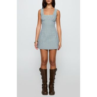 Princess Polly Dasha Check Cotton Fit & Flare Minidress in Blue /Brown Check at Nordstrom, Size 0