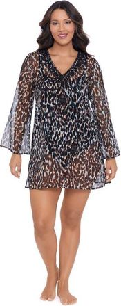 Trimshaper Embroidered Long Sleeve Coverup Swim Dress in Leopard In The Mist at Nordstrom, Size Large