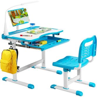 Costway Costway - Set Escritorio Y Silla Para Ni&ntilde;os Altura Regulable Mesa Para Estudiar Y Silla Con Atril Para Libros (azul)