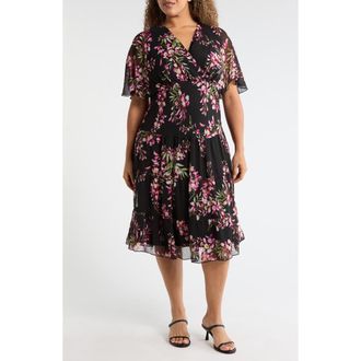 Connected Floral Flutter Sleeve Dress in Black at Nordstrom Rack, Size 14W