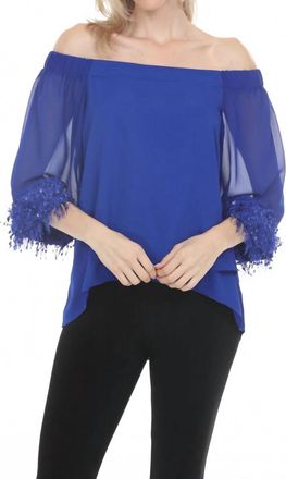Joseph Ribkoff Off-Shoulder Fringe Trim Top In Royal Sapphire