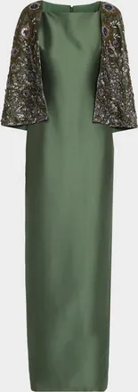 Badgley Mischka Floral-Embroidered Cape Column Gown