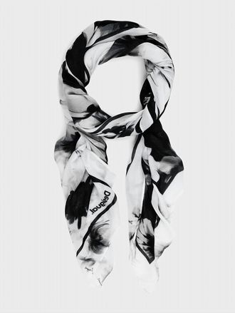Desigual Floral Denim Foulard Scarf In Black & White