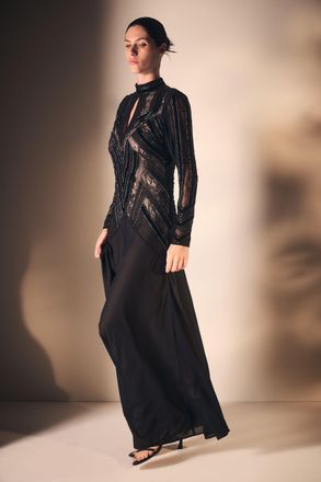 Karen Millen Womens Velvet Embellished Long Sleeve Maxi Dress - Black - Size 10 UK