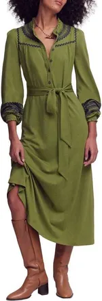 Boden Embroidered Ruffle Trim Midi Shirtdress in Olive at Nordstrom, Size 10
