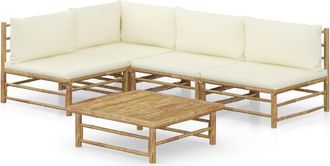 vidaXL Set De Muebles De Jard&iacute;n 5 Piezas Bamb&uacute; Y Cojines Blanco Crema Vidaxl